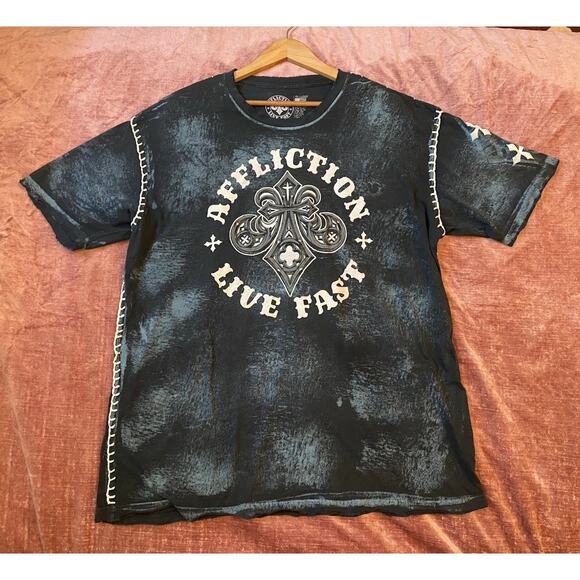 Vintage Y2K AFFLICTION Cross Wings LIVE FAST TEE T-SHIRT Grunge Distressed 3XL - Picture 2 of 6
